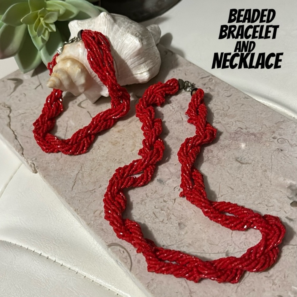 Beaded Necklace and Bracelet Set-Red Seed Beads-Multi Strand Twisted Details-EUC